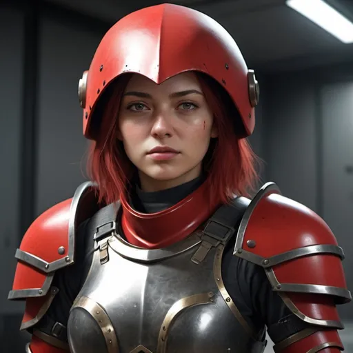 Prompt: Design a paranoia soldier in armor, no helmet, whose rank is red, female, her armor is generally red, realistic, 4k, ultra HD