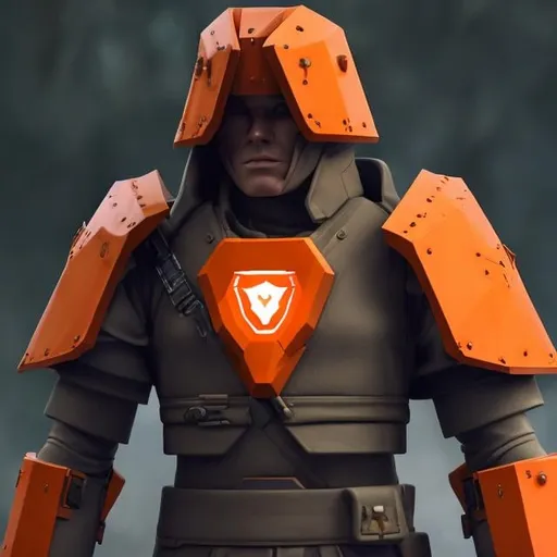 Prompt: Design a paranoia soldier in armor, , whose rank is orange, his armor is generally orange, realistic, 4k, ultra HD