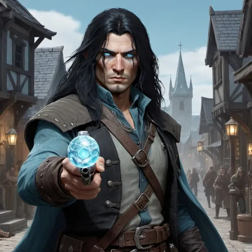 Prompt: dnd5e, awakened undead, Ranger Burghal Explorer with long black hair, fine clothes, and ice-blue eyes, armed with pepperbox pistols, realistic, 4k, ultra HD, detailed, DnD 5e, city setting, detailed eyes, epic fantasy, high-quality rendering, atmospheric lighting