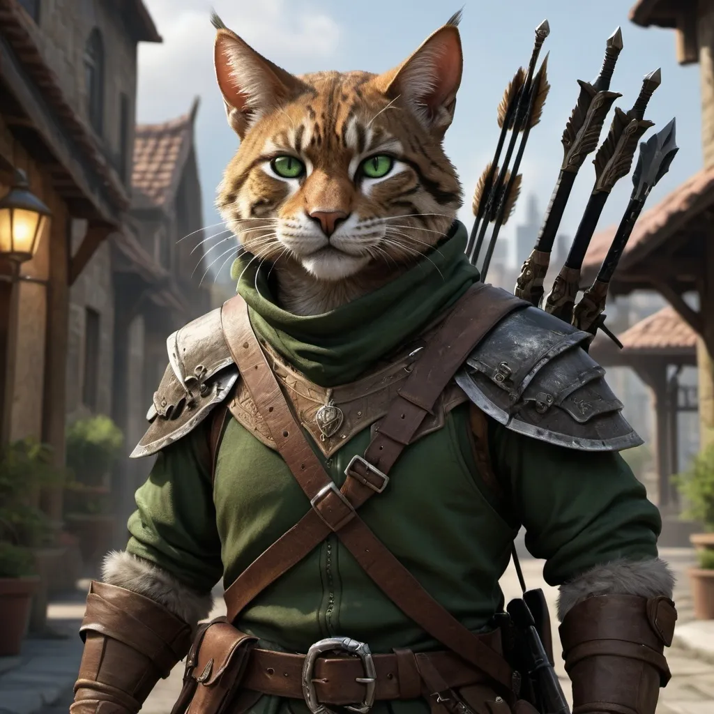 Prompt: dnd5e, Tabaxi, Ranger, fine clothes, and dark green eyes, armed with 2 hand crossbow, realistic weapons, detailed weapons, realistic, 4k, ultra HD, detailed, DnD 5e, city setting, detailed eyes, epic fantasy, high-quality rendering, atmospheric lighting, intense gaze, professional rendering, atmospheric lighting, detailed facial features, intense expression, detailed weaponry, realistic shadows, professional, detailed textures,