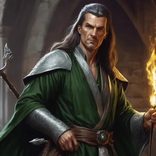 Prompt: dnd 5e, warlock, human variant, handsome, long haired, middle aged, green robe, Silvery illustration, Longbow, realistic, 4k, ultra HD
