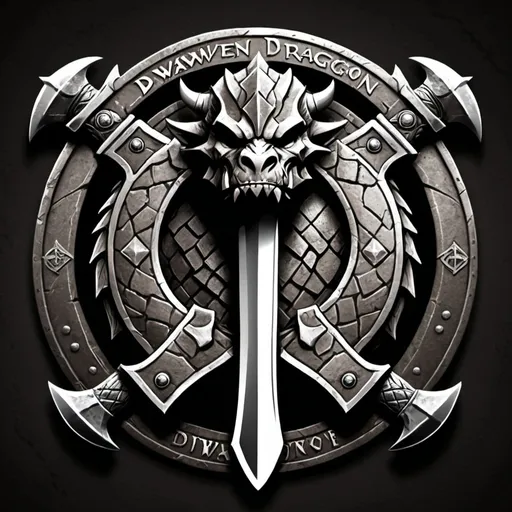 Prompt: Design a logo for a "Dwarven Dragonslayer Troop." The logo should be a circular emblem with a rugged, ancient feel. A large, crossed dwarven axe and hammer are placed behind the dragon's head, symbolizing the troop's strength and skill in battle. The handles of the weapons are engraved with dwarven runes.