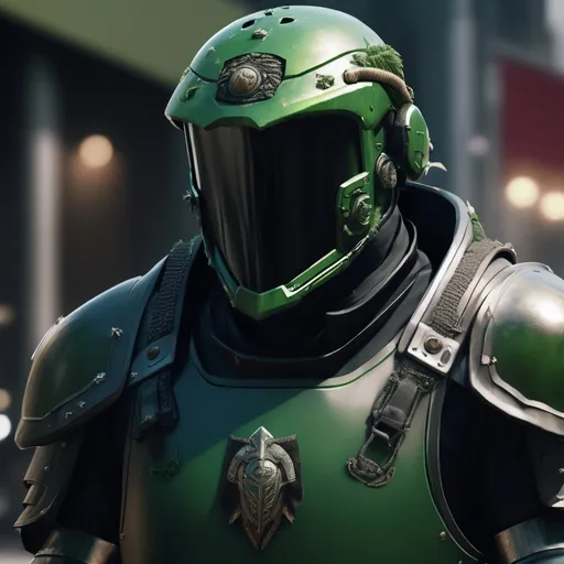 Prompt: Design a paranoia soldier in armor, with mask, whose rank is green, his armor is generally green, realistic, 4k, ultra HD