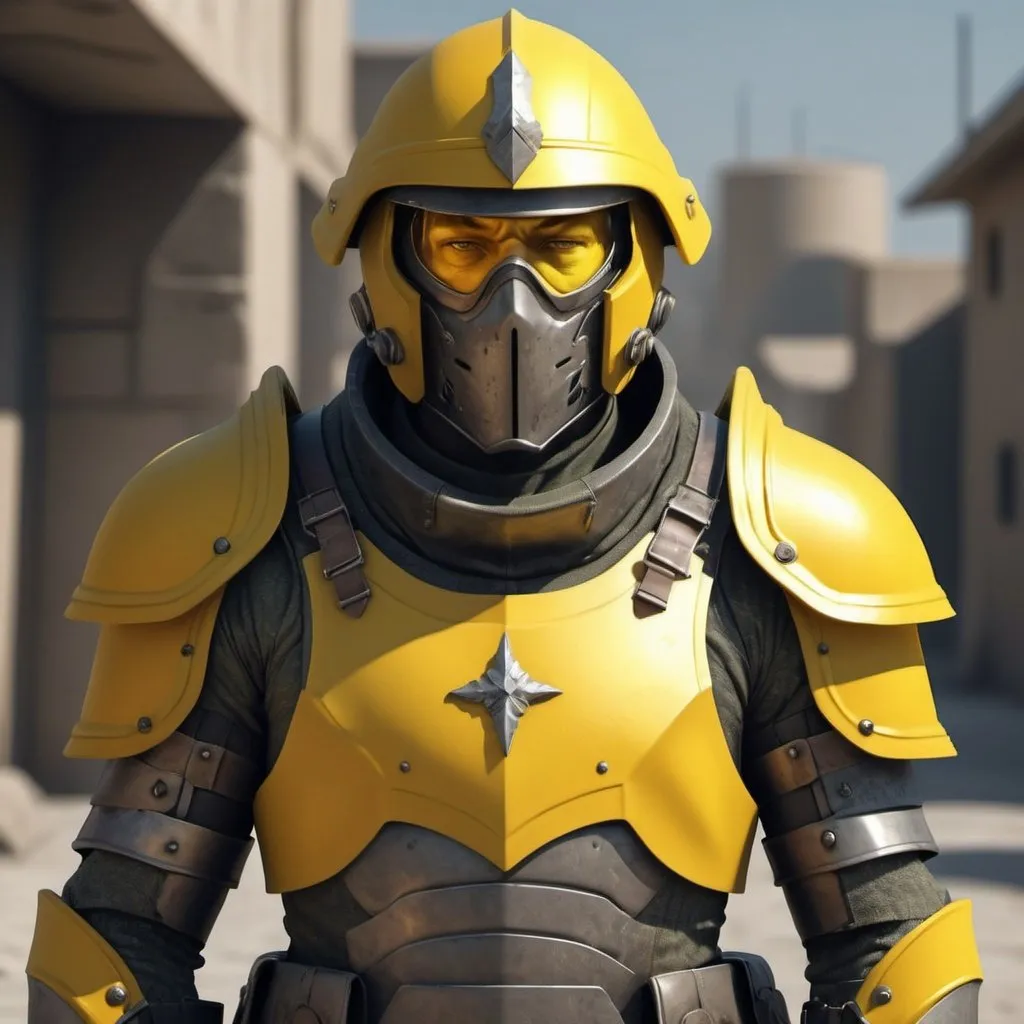 Prompt: Design a paranoia soldier in armor, no helmet, whose rank is yellow, his armor is generally yellow, realistic, 4k, ultra HD