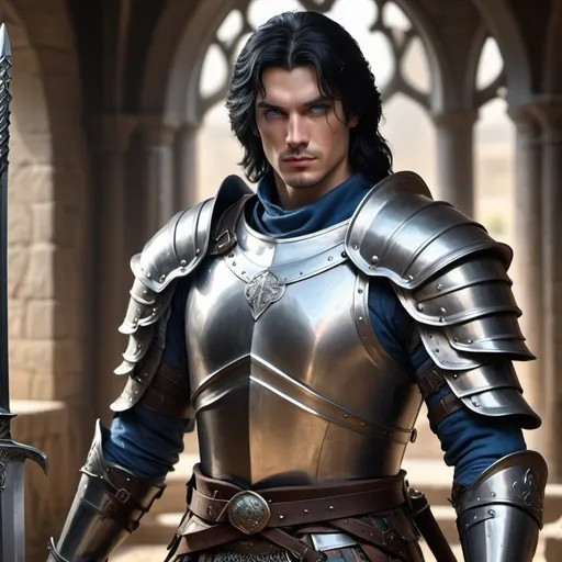 Prompt: handsome human Lord in light plate armor with black hair, blue eyes, a longsword, realistic, 4k, ultra HD, detailed, DnD 5e, young, castle setting, detailed eyes, epic fantasy, high-quality rendering, atmospheric lighting