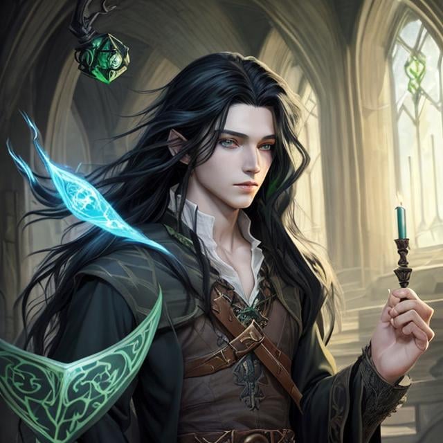 Prompt: DnD style, long black haired, young human male wizard, ultra realistic, green eyes,