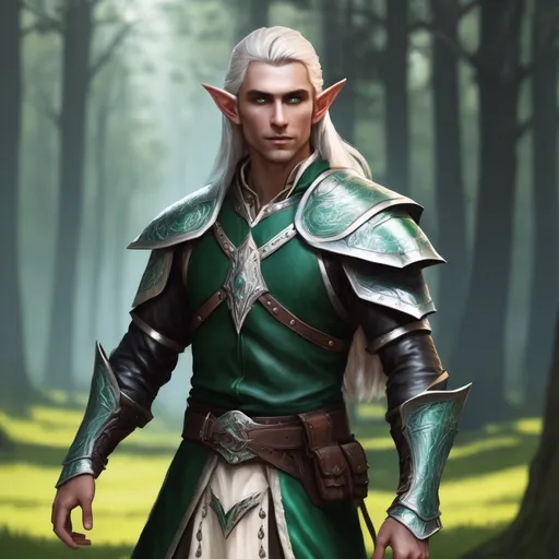 Prompt: Design a astral elf ranger, for DND 5e, Male, white long haired, full emerald colour eyes, young, wearing a leather armor, ultra realistic, 4k, full HD