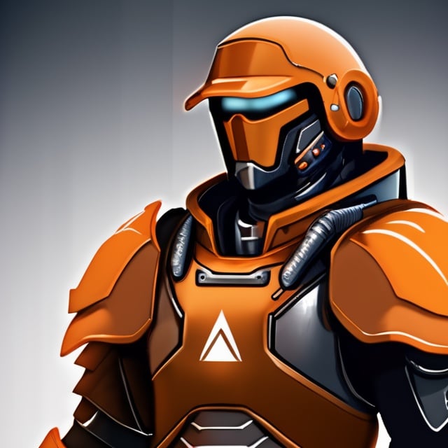 Prompt: Design a paranoia soldier in armor, , whose rank is orange, his armor is generally orange, realistic, 4k, ultra HD