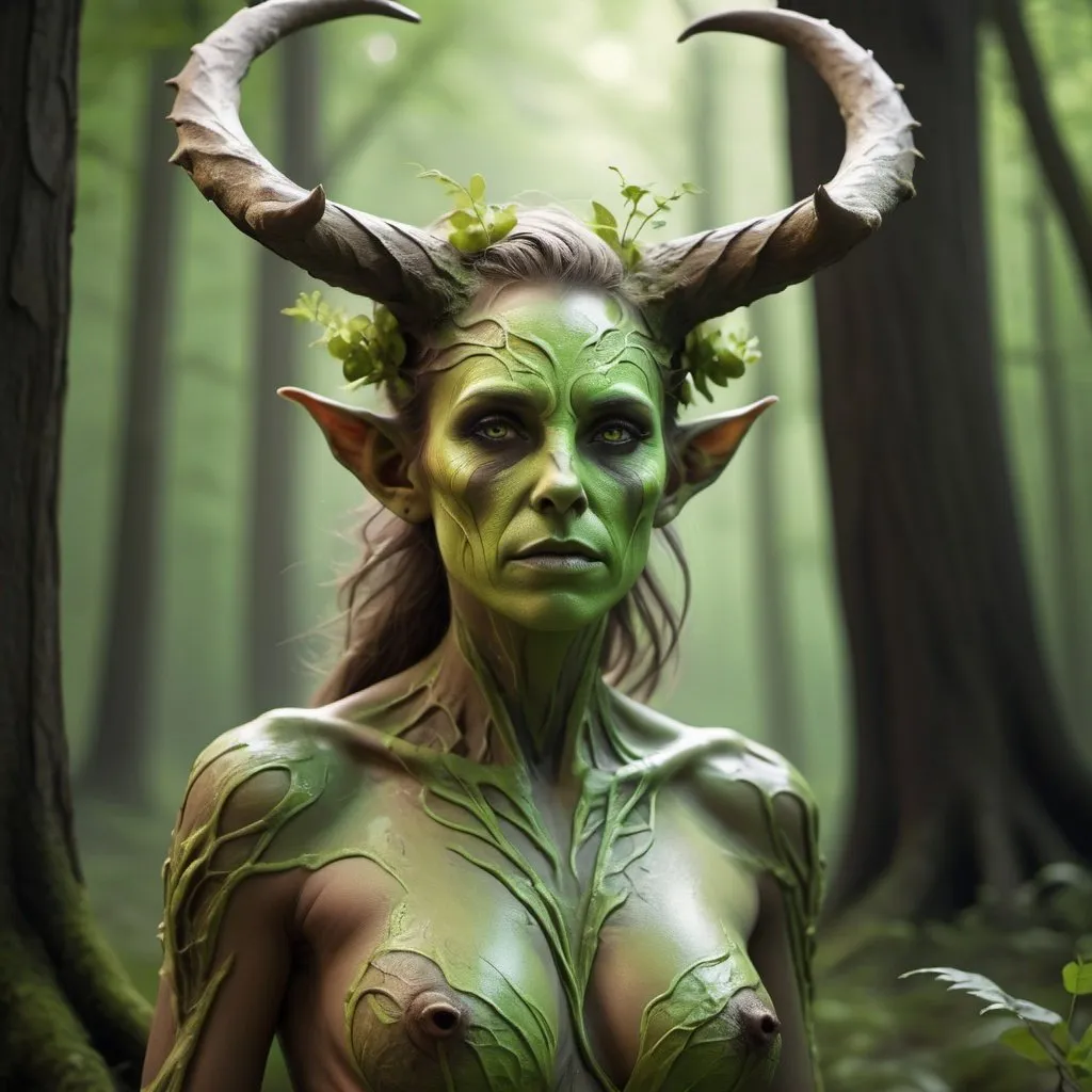 Prompt: Design me a giant radioactive dryad, realistic, ultra HD malformed horns, tatered scales, fullbody, realistic, 4k, ultra HD