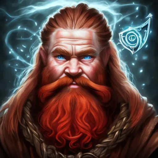 Prompt: Dwarf Sorcerer, red hair, long red braided beards, runic alphabet, blue eyes, realistic, full hd