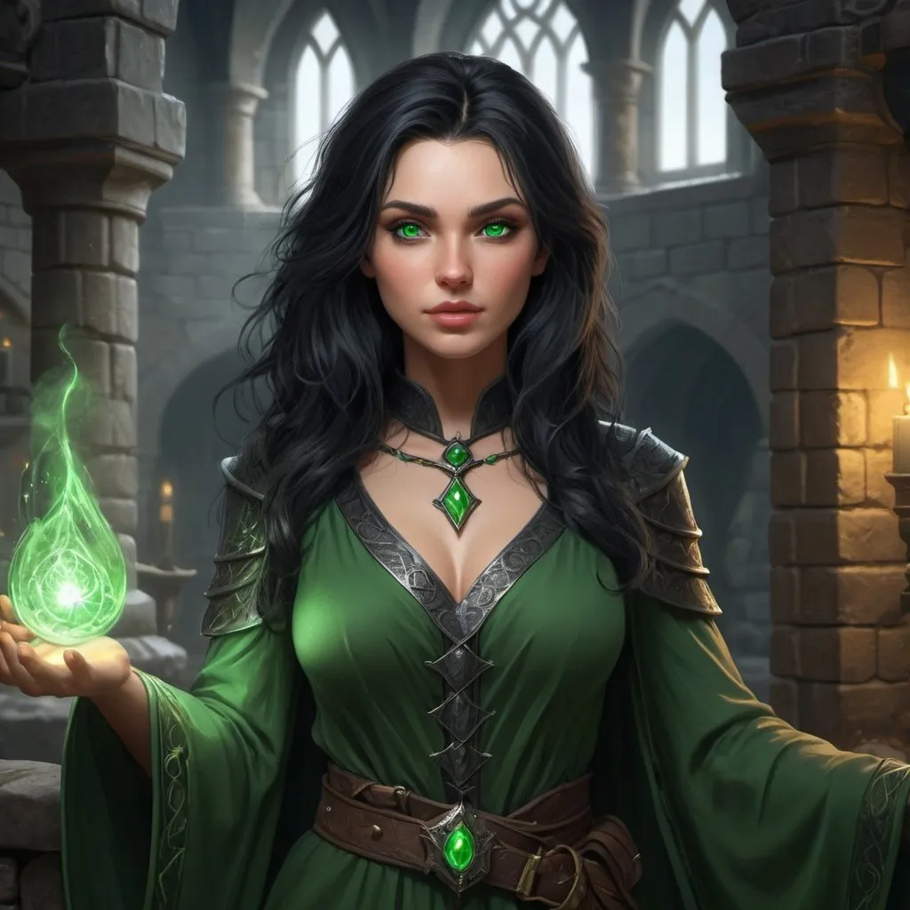 Prompt: beautiful human Lady wizard 28 years old black hair, green eyes, 4k, ultra HD, detailed, DnD 5e, castle setting, detailed eyes, epic fantasy, high-quality rendering, atmospheric lighting