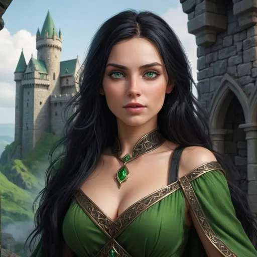 Prompt: beautiful human Lady wizard 28 years old black hair, green eyes, 4k, ultra HD, detailed, DnD 5e, castle setting, detailed eyes, epic fantasy, high-quality rendering, atmospheric lighting