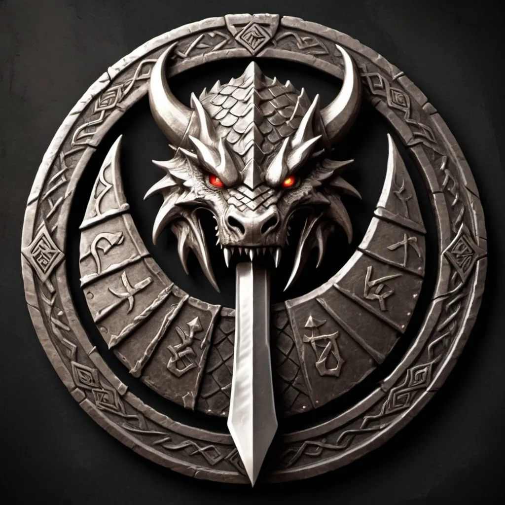 Prompt: Design a logo for a "Dwarven Dragonslayer Troop." The logo should be a circular emblem with a rugged, ancient feel. At the center, depict a stylized dragon's head, snarling, with its mouth open wide. The dragon's scales are intricate, and its eyes are fierce, giving a sense of power and menace. A large, crossed dwarven axe and hammer are placed behind the dragon's head, symbolizing the troop's strength and skill in battle. The handles of the weapons are engraved with dwarven runes.

Surrounding the central image, a thick, metal ring borders the logo, with smaller dragon scales etched into the surface. At the top of the ring, inscribe the troop's name in bold, runic-style letters: "Dwarven Dragonslayers." The overall color scheme should be dark and metallic, with accents of red and gold to convey a sense of valor and danger.