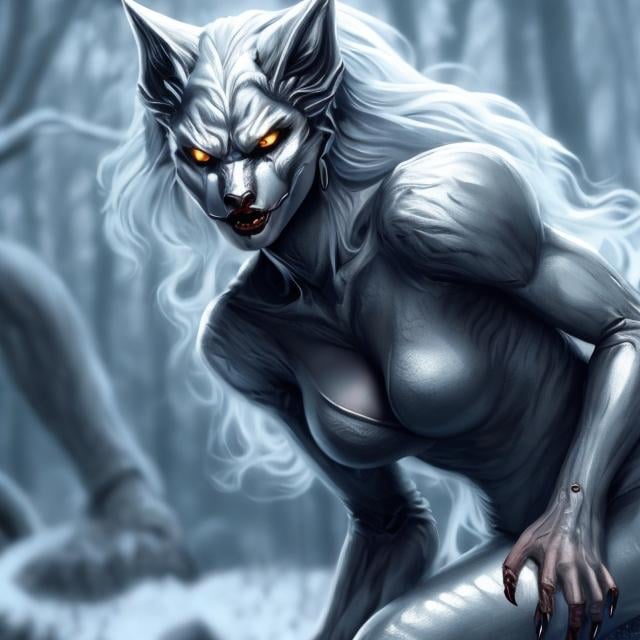 Prompt: silvery illustrated werewolf female, full body, beautiful, full hd, 4k, realistic, 