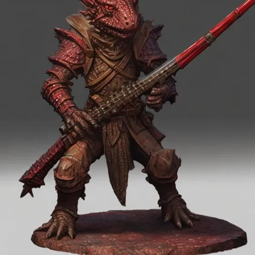 Prompt: Beautiful Kobold Rifle bearer for DND 5E, mostly red but in parts chromatic scales, realistic, 4k, ultra hd