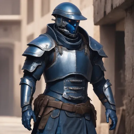 Prompt: Design a paranoia soldier in worn armor, no helmet, whose rank is indigo, his armor is generally indigo, malformed, mutated human, realistic, 4k, ultra HD