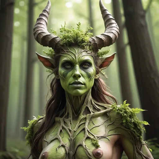 Prompt: Design me a giant radioactive dryad, realistic, ultra HD malformed horns, tatered scales, fullbody, realistic, 4k, ultra HD