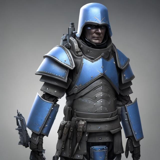 Prompt: Design a paranoia soldier in armor, whose rank is Blue, his armor is generally blue, realistic, 4k, ultra HD