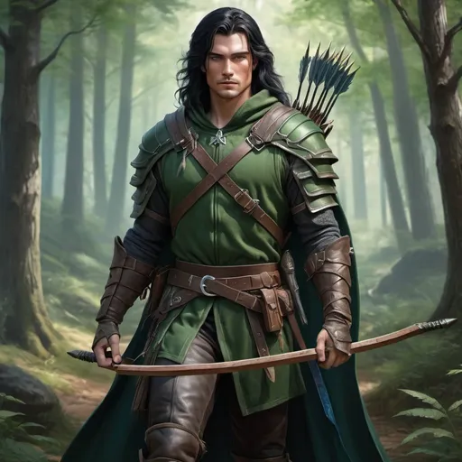 Prompt: handsome human ranger in green robe with long black hair, dressed in leather armor, blue eyes, carrying lordly longbow and two shortswords, realistic, 4k, ultra HD, full body, detailed, DnD 5e, young, forest setting, detailed eyes, epic fantasy, high-quality rendering, atmospheric lighting