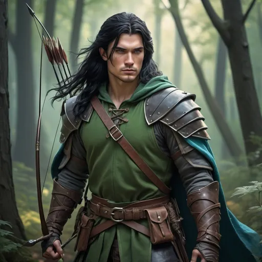Prompt: handsome human ranger in green robe with long black hair, dressed in leather armor, blue eyes, carrying lordly longbow and two shortswords, realistic, 4k, ultra HD, full body, detailed, DnD 5e, young, forest setting, detailed eyes, epic fantasy, high-quality rendering, atmospheric lighting
