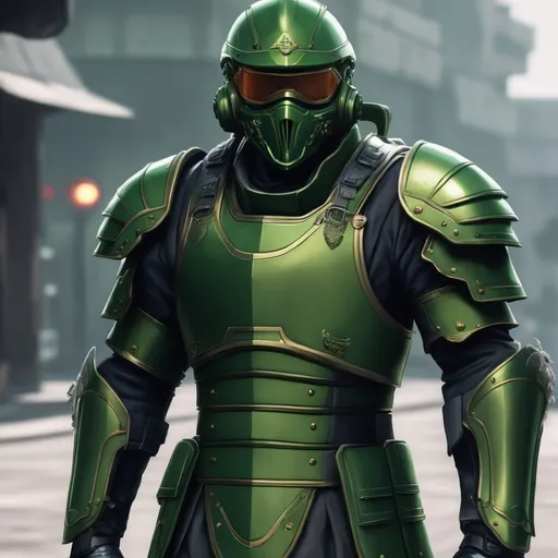 Prompt: Design a paranoia soldier in armor, without helmet, whose rank is green, his armor is generally green, realistic, 4k, ultra HD