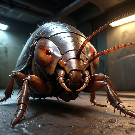 Prompt: Design a giant radioactive cockroach, marks indicating radioactivity, fullbody, realistic, 4k, ultra HD, detailed, sewer setting, sci-fi, high-quality rendering, atmospheric lighting, intense gaze, professional rendering, atmospheric lighting, detailed facial features, intense expression, realistic shadows, professional, detailed textures,