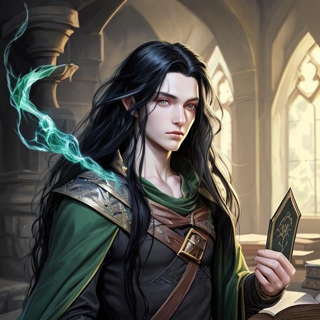 Prompt: DnD style, long black haired, young human male wizard, ultra realistic, green eyes, 