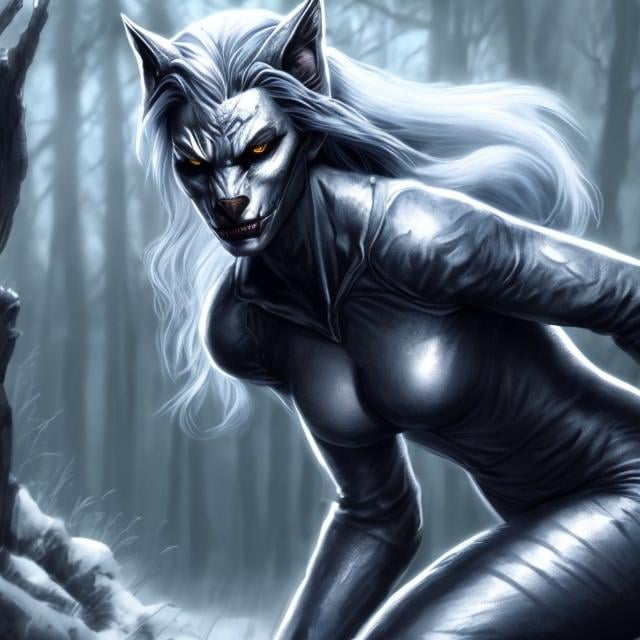 Prompt: silvery illustrated werewolf female, full body, beautiful, full hd, 4k, realistic, 