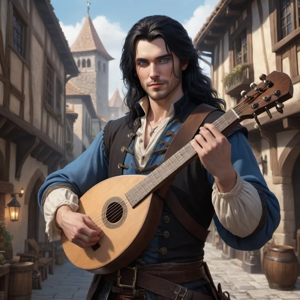 Prompt: handsome human bard long black hair, dressed in fine clothes, blue eyes, carrying a lute , realistic, 4k, ultra HD, detailed, DnD 5e, young, city setting, detailed eyes, epic fantasy, high-quality rendering, atmospheric lighting