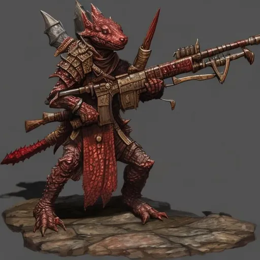 Prompt: Beautiful Kobold Rifle bearer for DND 5E, mostly red in parts colorful scales, realistic, 4k, ultra hd