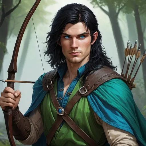 Prompt: dnd 5e, ranger, human, handsome, long black haired, blue eye, young, green robe, Longbow, realistic, 4k, ultra HD