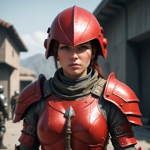 Prompt: Design a paranoia soldier in armor, no helmet, whose rank is red, female, her armor is generally red, realistic, 4k, ultra HD