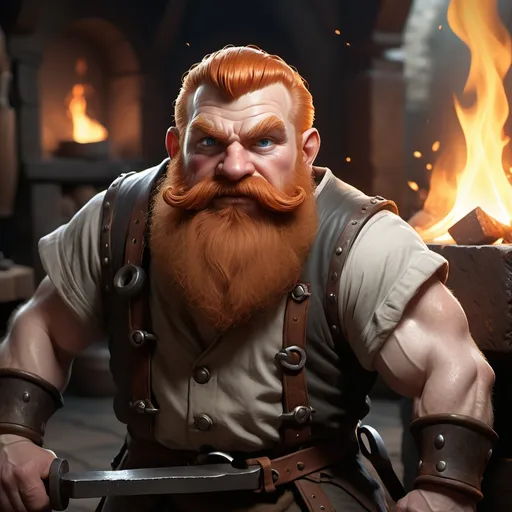 Prompt: dnd5e, dwarf, blacksmith, beating red hot iron, ginger hair, ginger facial hair,  fullbody, realistic, 4k, ultra HD, detailed, DnD 5e, blacksmith setting, detailed eyes, epic fantasy, high-quality rendering, atmospheric lighting, intense gaze, professional rendering, atmospheric lighting, detailed facial features, intense expression, detailed workshop, realistic shadows, professional, detailed textures,