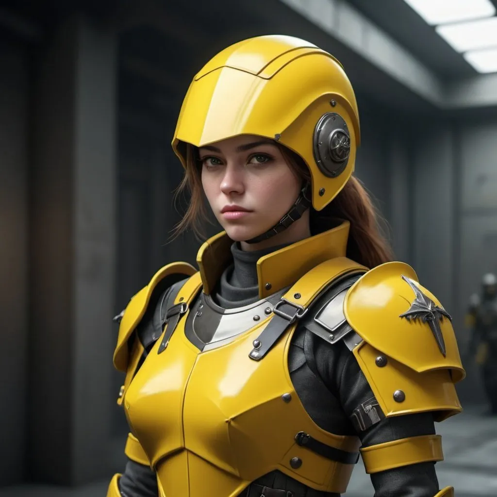 Prompt: Design a paranoia soldier in armor, no helmet, whose rank is yellow, female, her armor is generally yellow, realistic, 4k, ultra HD