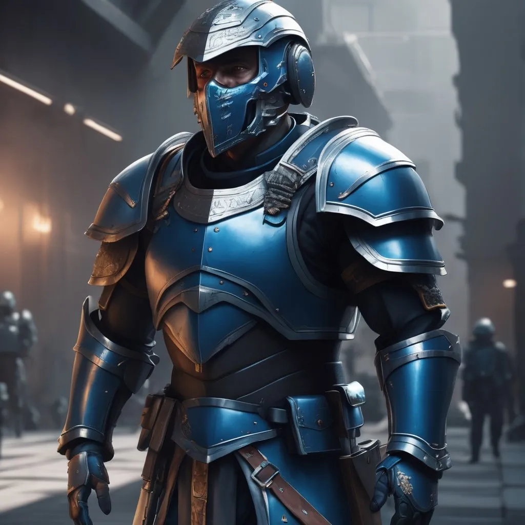 Prompt: Design a paranoia soldier in armor, whose rank is Blue, his armor is generally blue, realistic, 4k, ultra HD