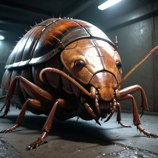 Prompt: Design a giant radioactive cockroach, fullbody, realistic, 4k, ultra HD, detailed, sewer setting, sci-fi, high-quality rendering, atmospheric lighting, intense gaze, professional rendering, atmospheric lighting, detailed facial features, intense expression, realistic shadows, professional, detailed textures,