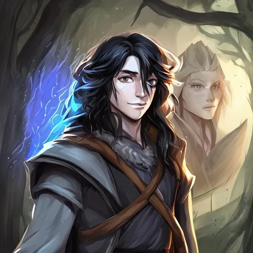 Prompt: DnD style, long black haired, young human male wizard