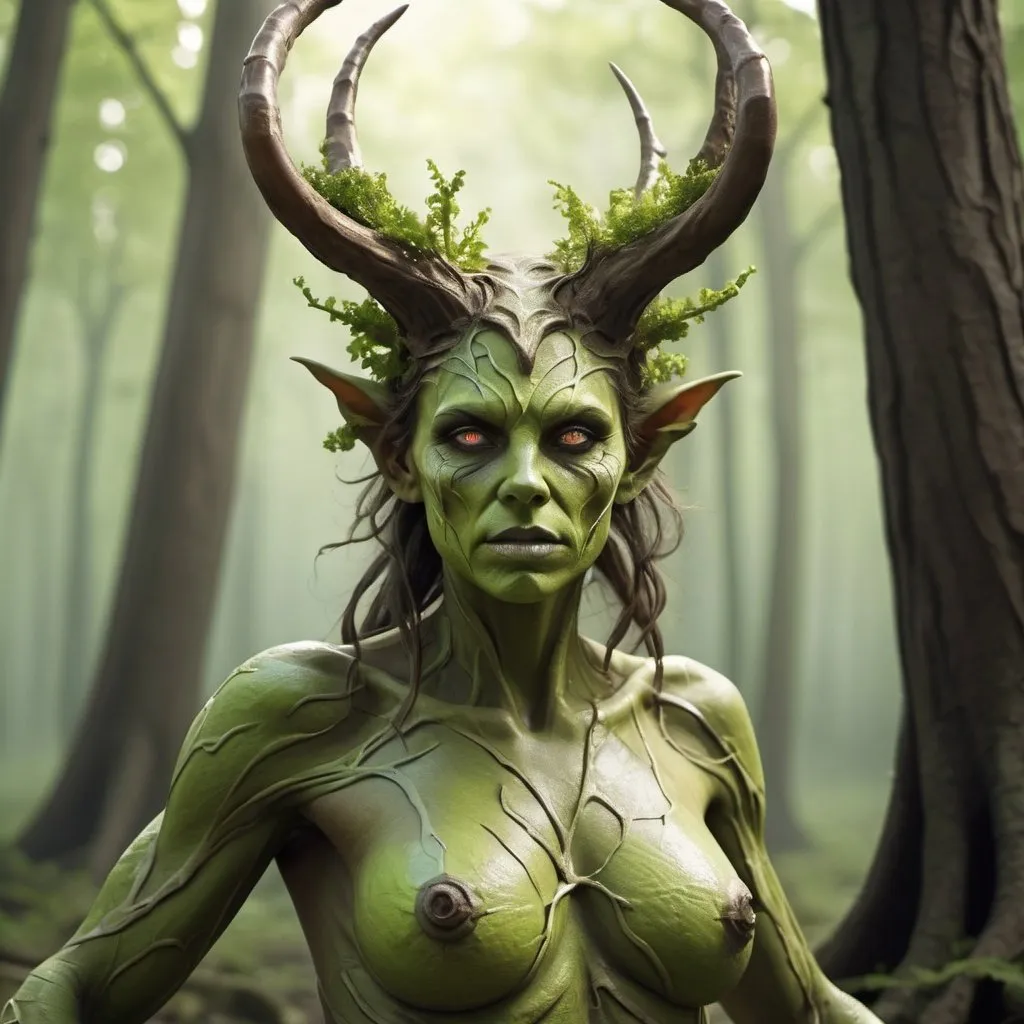 Prompt: Design me a giant radioactive dryad, realistic, ultra HD malformed horns, tatered scales, fullbody, realistic, 4k, ultra HD