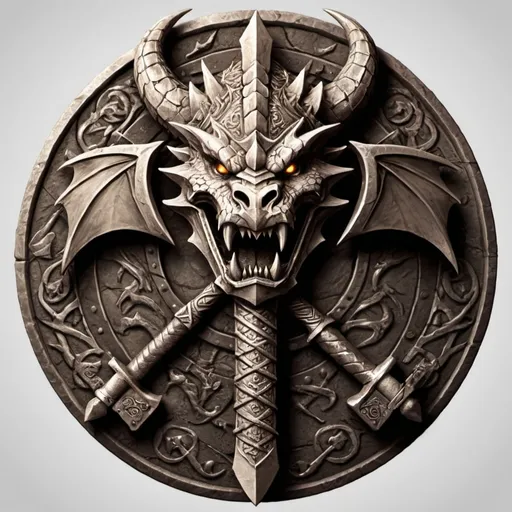 Prompt: Design a logo for a "Dwarven Dragonslayer Troop." The logo should be a circular emblem with a rugged, ancient feel. At the center, depict a stylized dragon's head, snarling, with its mouth open wide. The dragon's scales are intricate, and its eyes are fierce, giving a sense of power and menace. A large, crossed dwarven axe and hammer are placed behind the dragon's head, symbolizing the troop's strength and skill in battle. The handles of the weapons are engraved with dwarven runes.