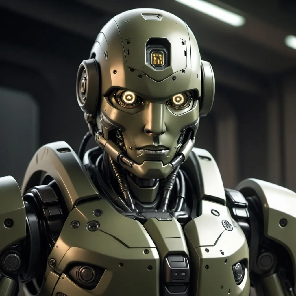 Prompt: Paranoia robot, realistic, 4k, ultra HD, detailed khaki armor, intense gaze, futuristic military setting, professional rendering, atmospheric lighting, detailed facial features, intense expression, military rank insignia, detailed weaponry, high quality, armor with reflective surfaces, realistic shadows, professional, khaki color tones, detailed textures, futuristic technology