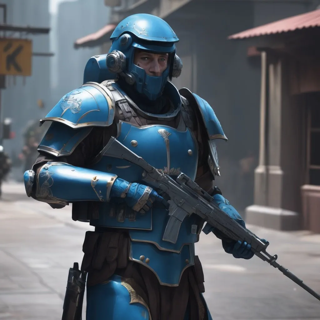 Prompt: Design a paranoia soldier in armor, whose rank is Blue, his armor is generally blue, realistic, 4k, ultra HD