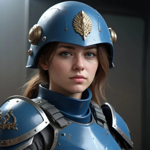 Prompt: Design a paranoia soldier in full armor, wearing a helmet, whose rank is Blue, female, feminine, her armor is generally blue, realistic, 4k, ultra HD