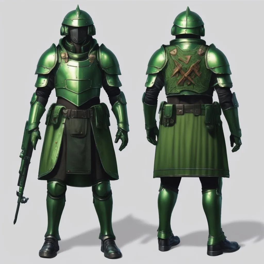 Prompt: Design a paranoia soldier in armor, no helmet, whose rank is green, his armor is generally green, realistic, 4k, ultra HD