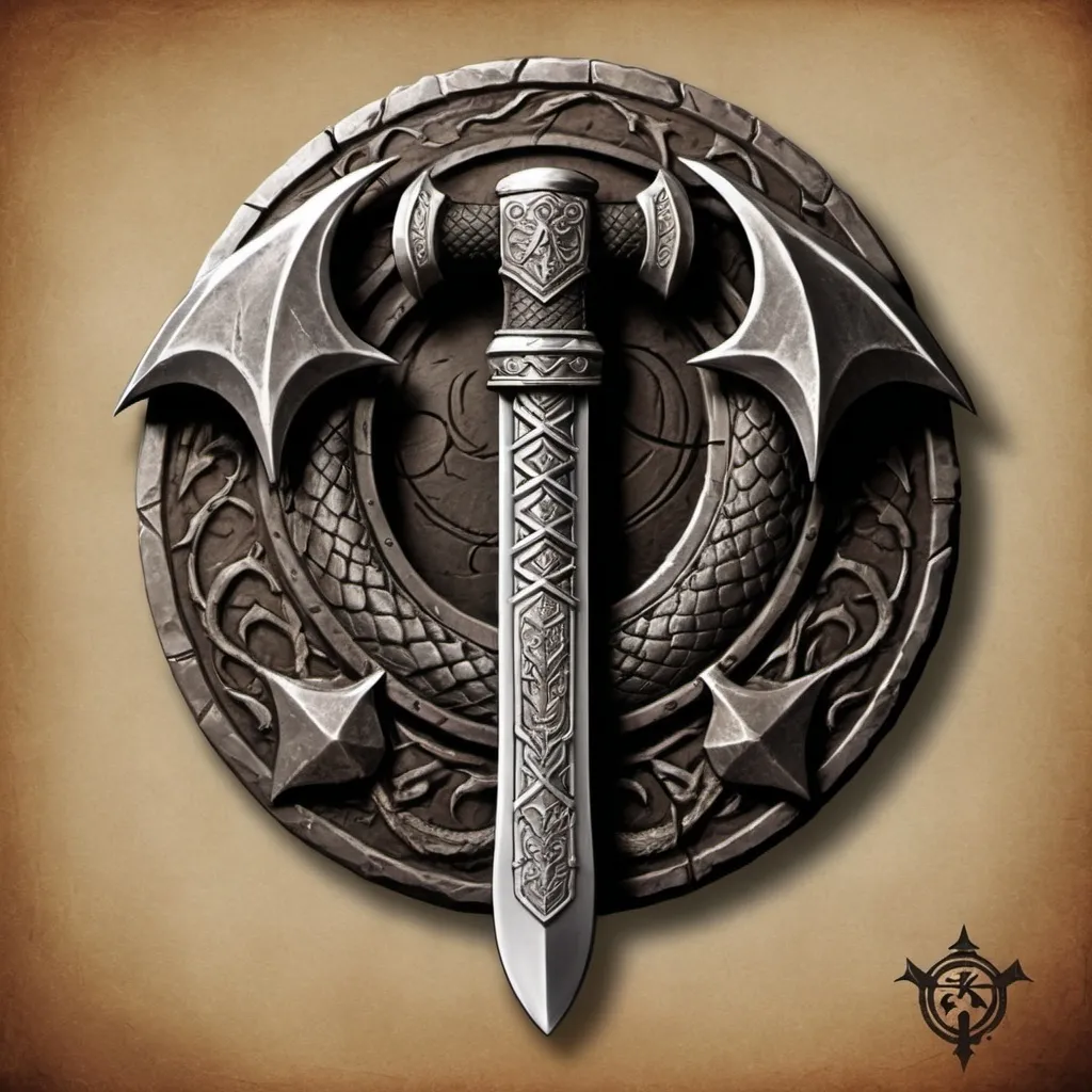 Prompt: Design a logo for a "Dwarven Dragonslayer Troop." The logo should be a circular emblem with a rugged, ancient feel. At the center, depict a stylized dragon's head, snarling, with its mouth open wide. The dragon's scales are intricate, and its eyes are fierce, giving a sense of power and menace. A large, crossed dwarven axe and hammer are placed behind the dragon's head, symbolizing the troop's strength and skill in battle. The handles of the weapons are engraved with dwarven runes.