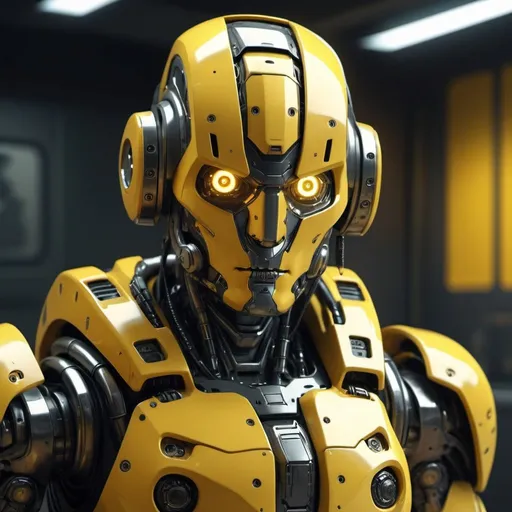 Prompt: Paranoia robot, realistic, 4k, ultra HD, detailed armor, intense gaze, futuristic military setting, professional rendering, atmospheric lighting, detailed facial features, intense expression, military rank insignia, detailed weaponry, high quality, armor with reflective surfaces, realistic shadows, professional, yellow color tones, detailed textures, futuristic technology