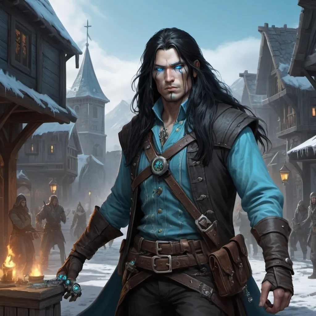 Prompt: dnd5e, awakened undead, Ranger Burghal Explorer with long black hair, fine clothes, and ice-blue eyes, armed with flintclock pistols, realistic, 4k, ultra HD, detailed, DnD 5e, city setting, detailed eyes, epic fantasy, high-quality rendering, atmospheric lighting