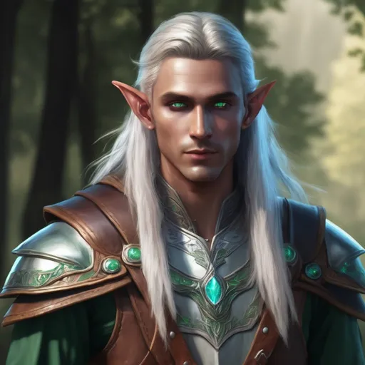 Prompt: Design a astral elf ranger, for DND 5e, Male, white long haired, full emerald colour eyes, young, wearing a leather armor, ultra realistic, 4k, full HD