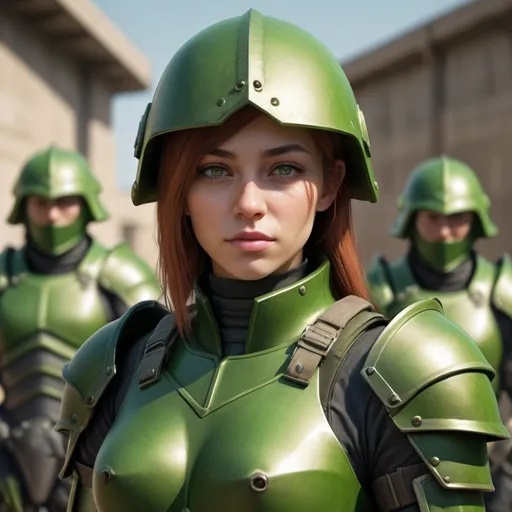 Prompt: Design a paranoia soldier in armor, no helmet, whose rank is green, female, her armor is generally green, realistic, 4k, ultra HD