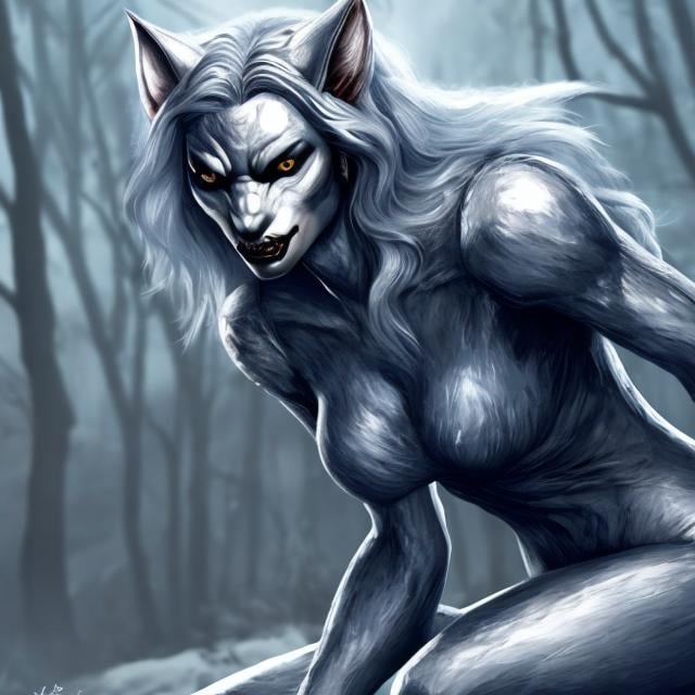 Prompt: silvery illustrated werewolf female, full body, beautiful, full hd, 4k, realistic, 