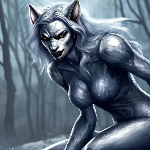 Prompt: silvery illustrated werewolf female, full body, beautiful, full hd, 4k, realistic, 